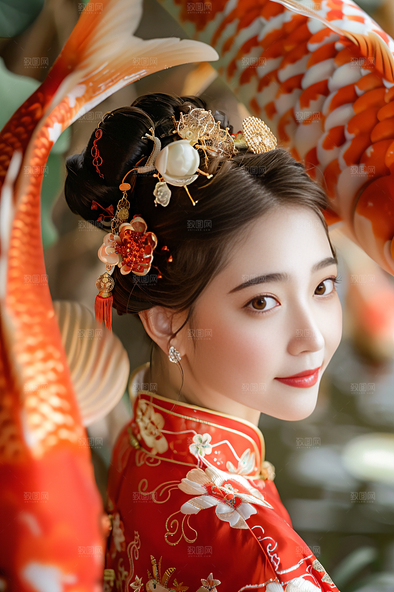 锦鲤汉服美女优雅唯美素材