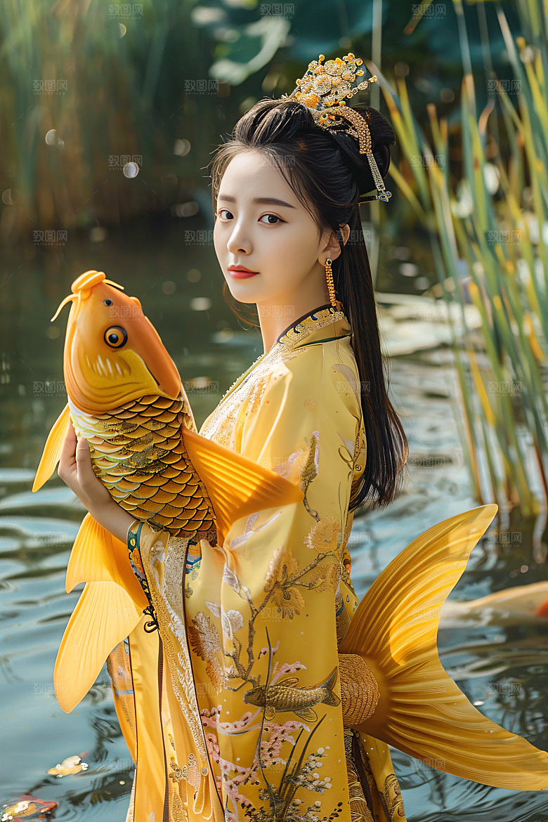 锦鲤汉服美女中国风传统素材
