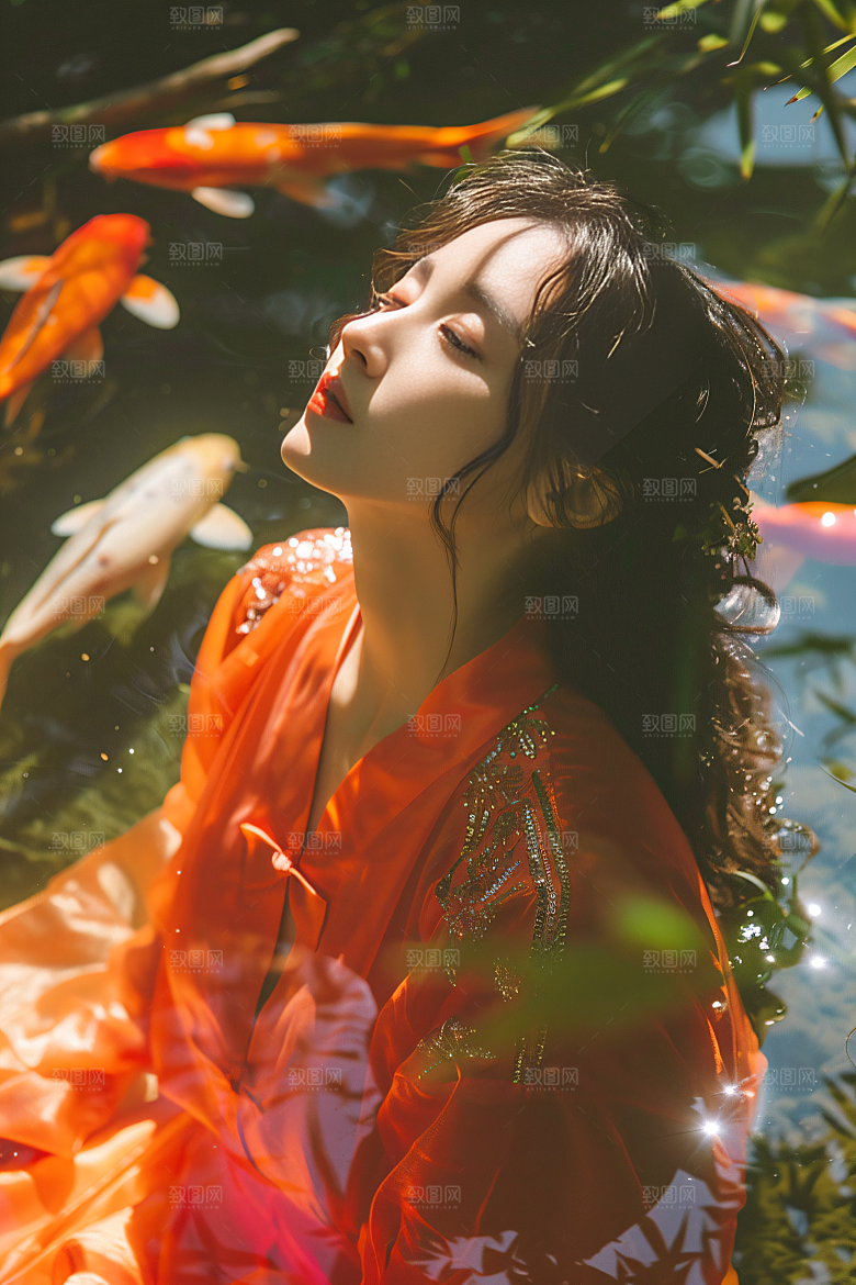 锦鲤汉服美女精致古风素材