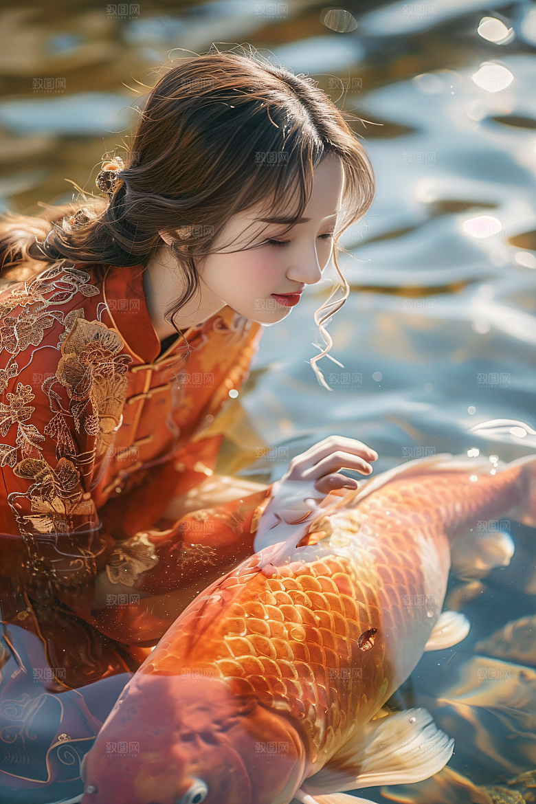 锦鲤汉服美女吉祥优雅素材