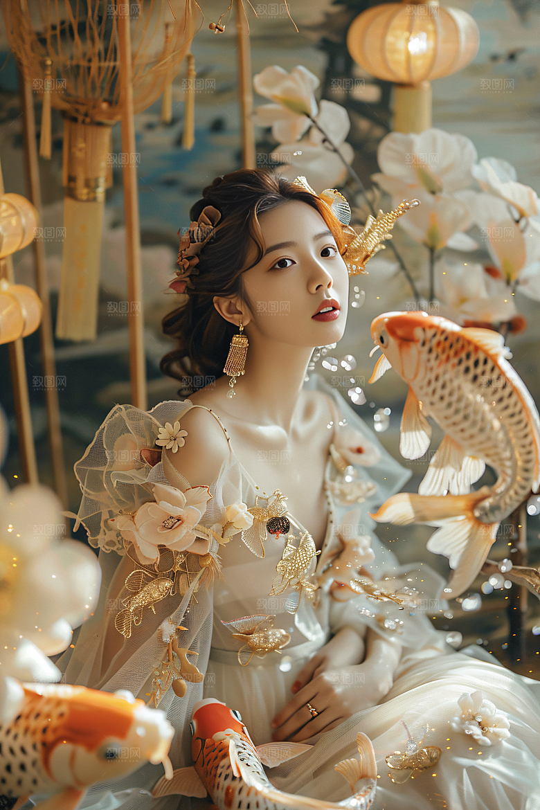 锦鲤汉服美女优雅唯美素材
