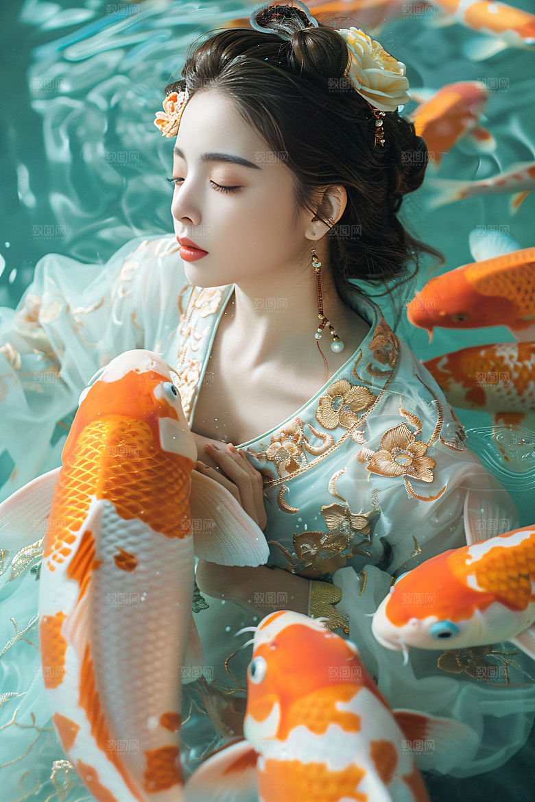 锦鲤汉服美女唯美人像素材
