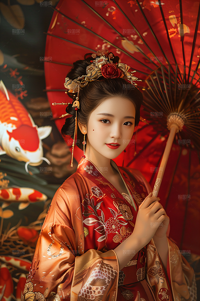 锦鲤汉服美女高清中国风素材