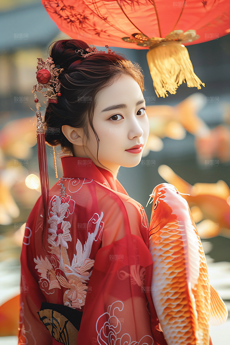 锦鲤汉服美女中国风唯美素材