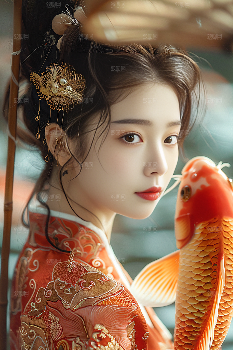 锦鲤汉服美女传统优雅素材