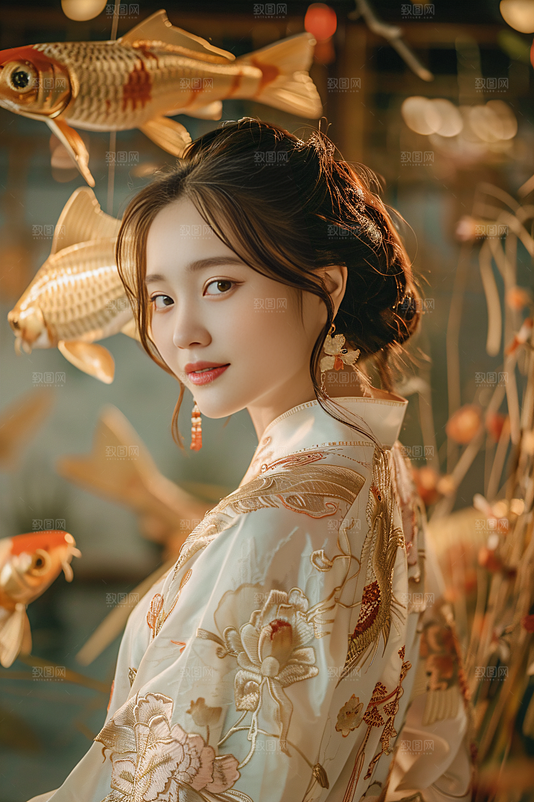 锦鲤汉服美女肖像金鱼素材