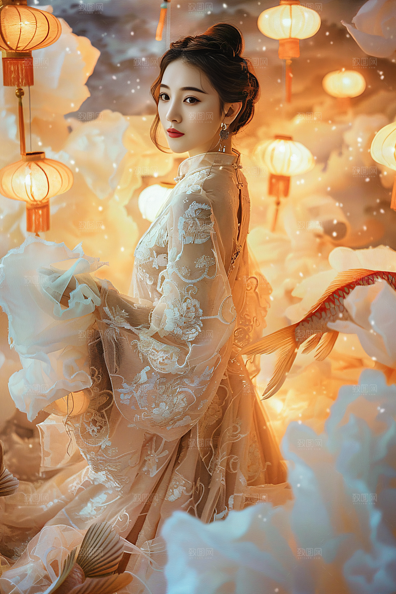 锦鲤汉服美女高清优雅素材