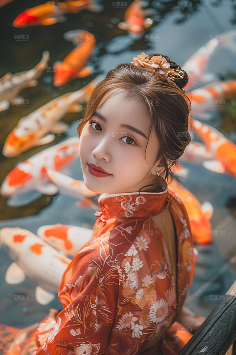 锦鲤汉服美女金鱼精致素材