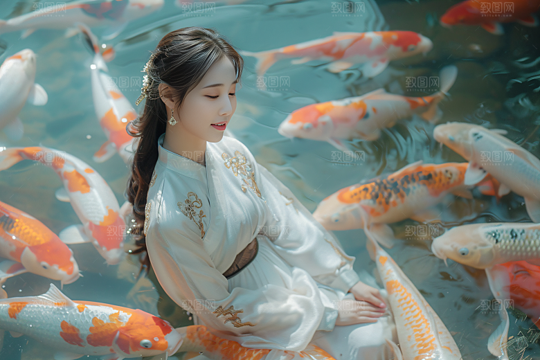 锦鲤汉服美女肖像传统素材