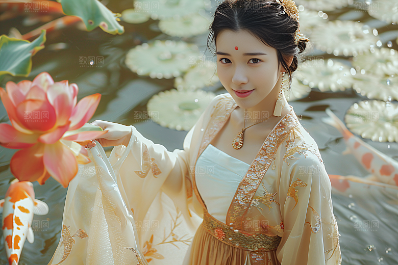 锦鲤汉服美女金鱼唯美素材
