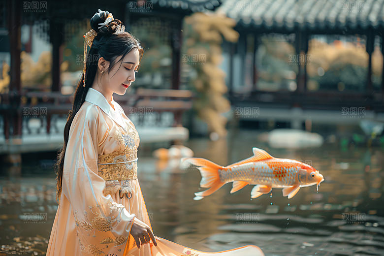 锦鲤汉服美女吉祥古风素材