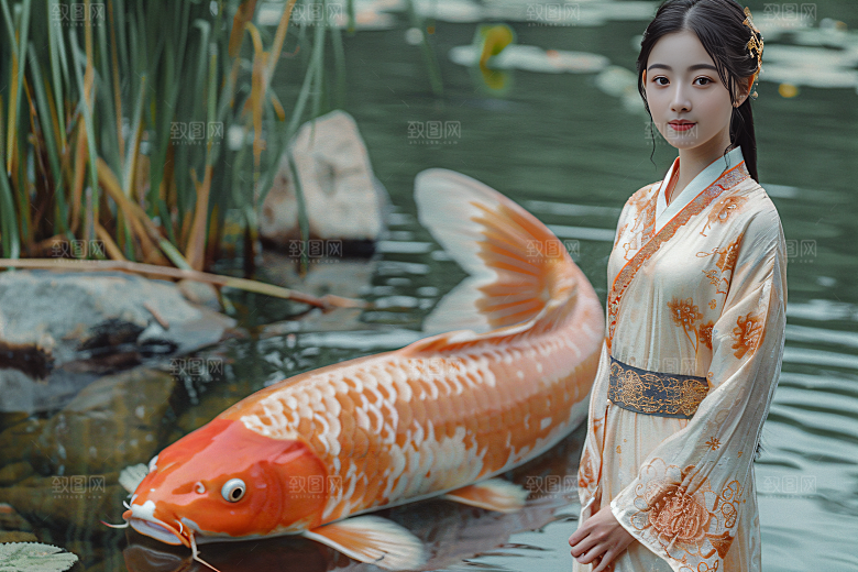锦鲤汉服美女肖像金鱼素材