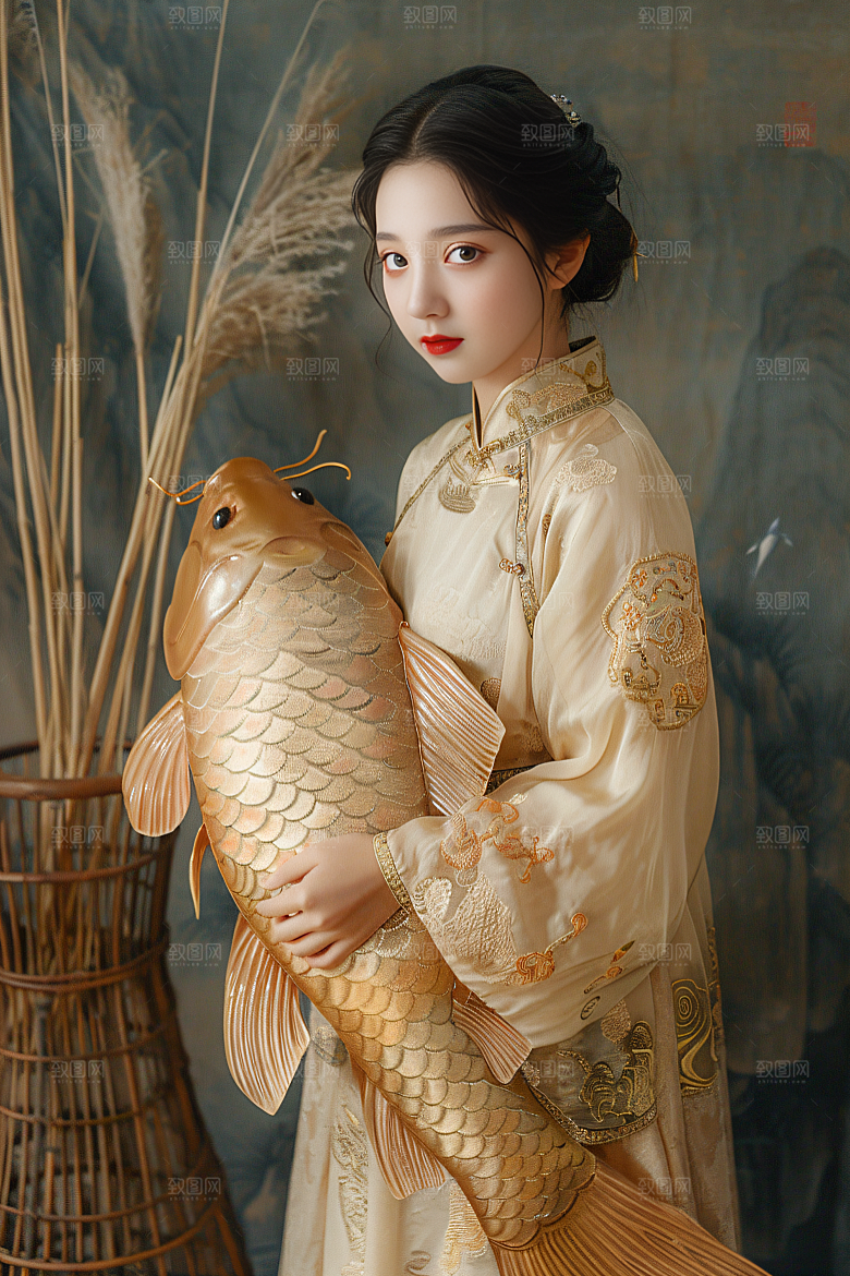 锦鲤汉服美女吉祥金鱼素材