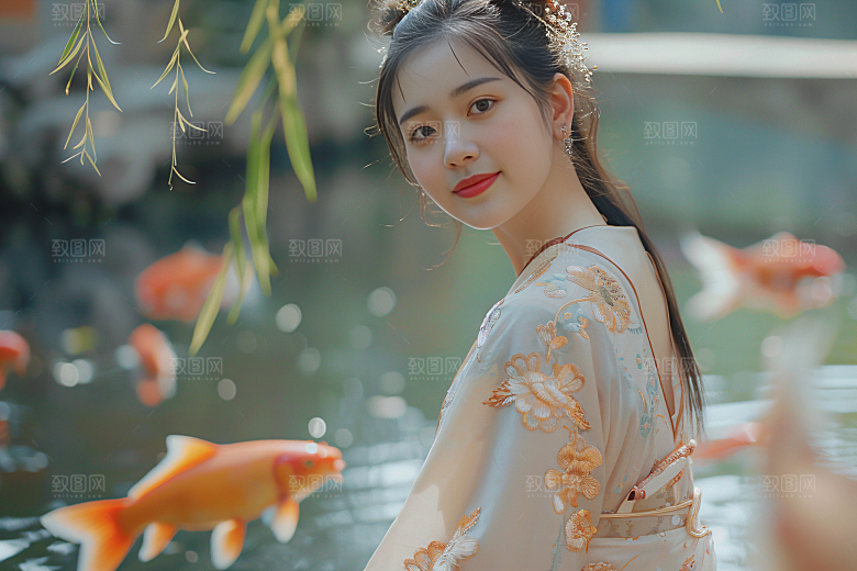 锦鲤汉服美女中国风金鱼素材