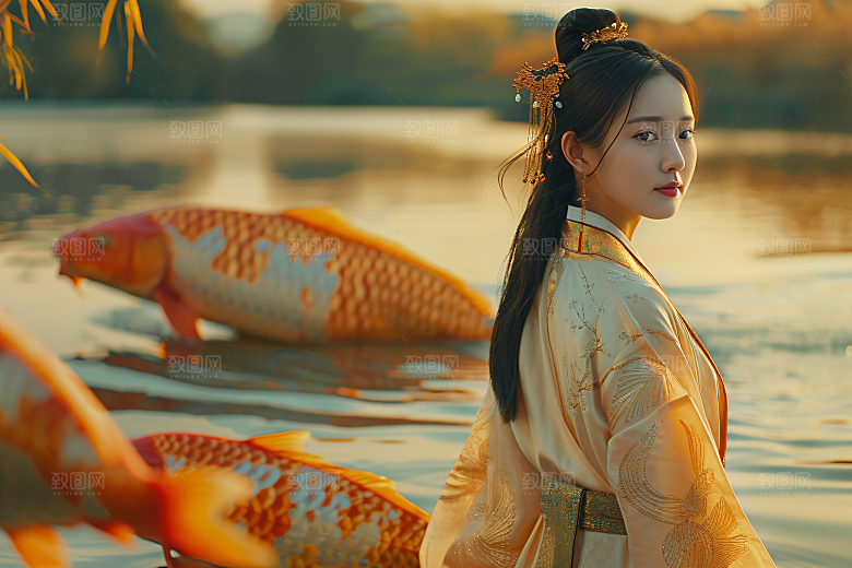 锦鲤汉服美女高清精致素材