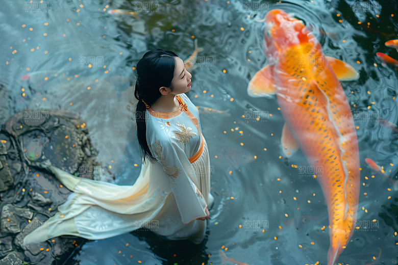 锦鲤汉服美女吉祥古风素材