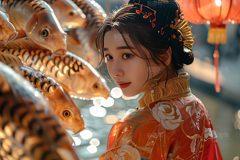 锦鲤汉服美女优雅人像素材