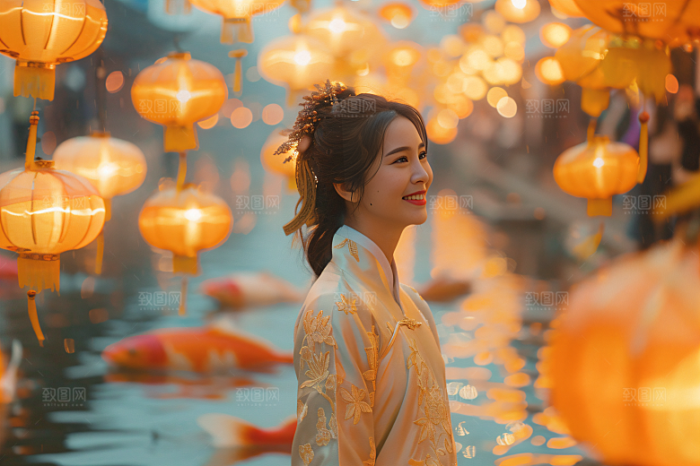 锦鲤汉服美女吉祥金鱼素材