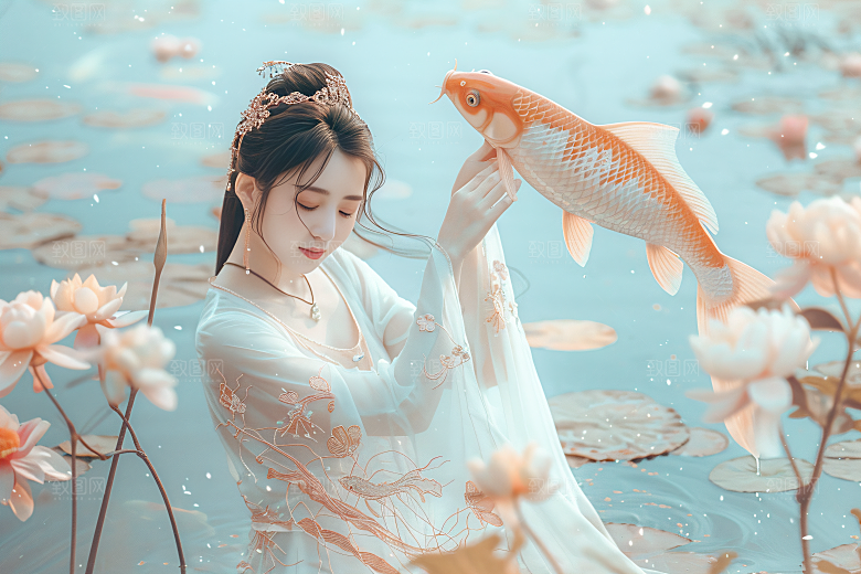 锦鲤汉服美女金鱼传统素材