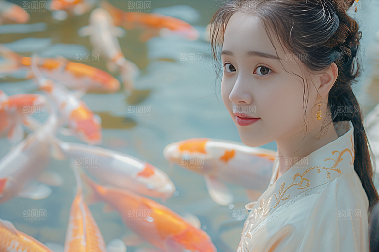 锦鲤汉服美女肖像金鱼素材