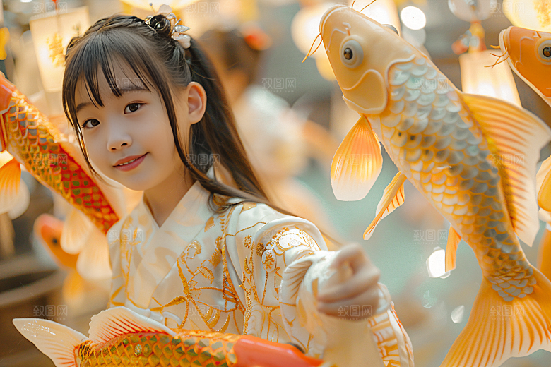 锦鲤汉服美女优雅传统素材