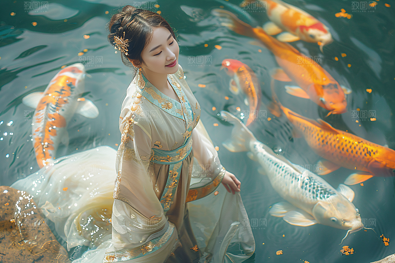 锦鲤汉服美女肖像优雅素材