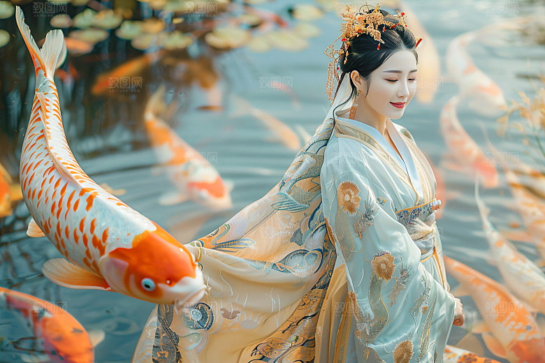 锦鲤汉服美女中国风优雅素材