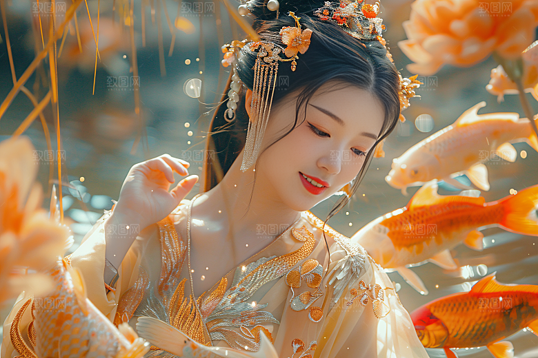 锦鲤汉服美女古风唯美素材