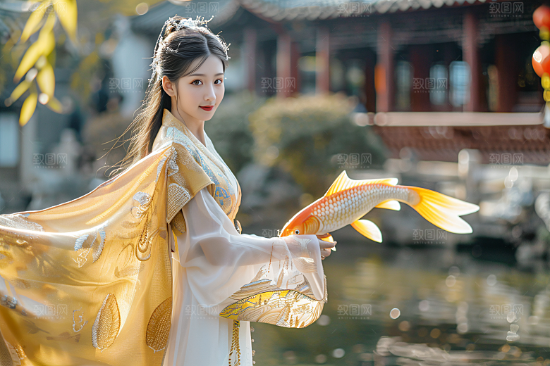 锦鲤汉服美女精致传统素材