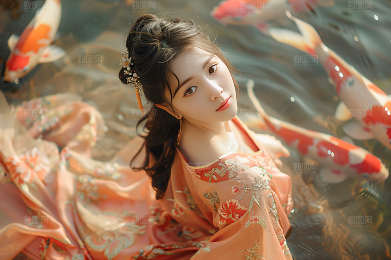 锦鲤汉服美女传统唯美素材