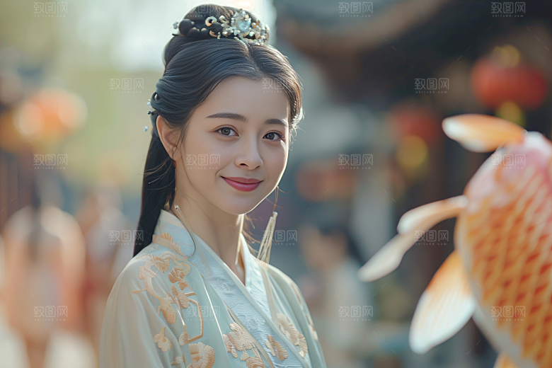 锦鲤汉服美女金鱼高清素材