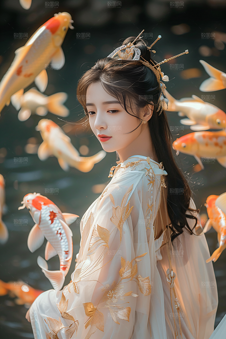 锦鲤汉服美女中国风吉祥素材