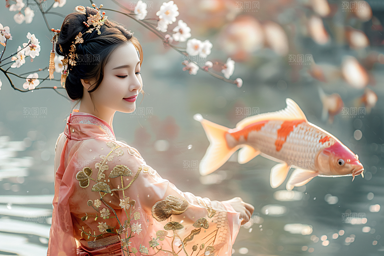 锦鲤汉服美女古风古风素材