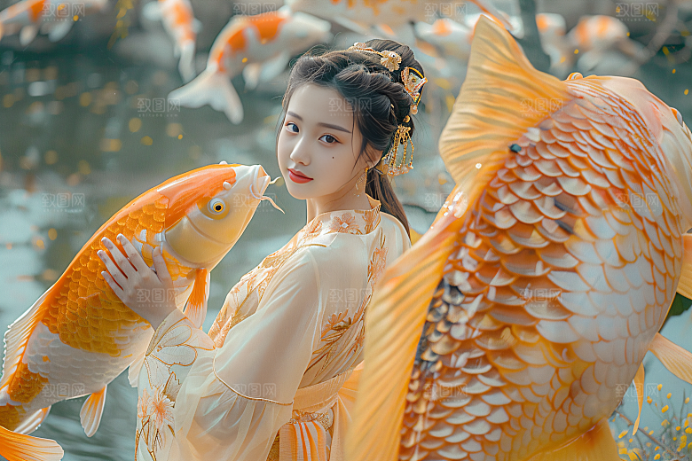 锦鲤汉服美女金鱼人像素材