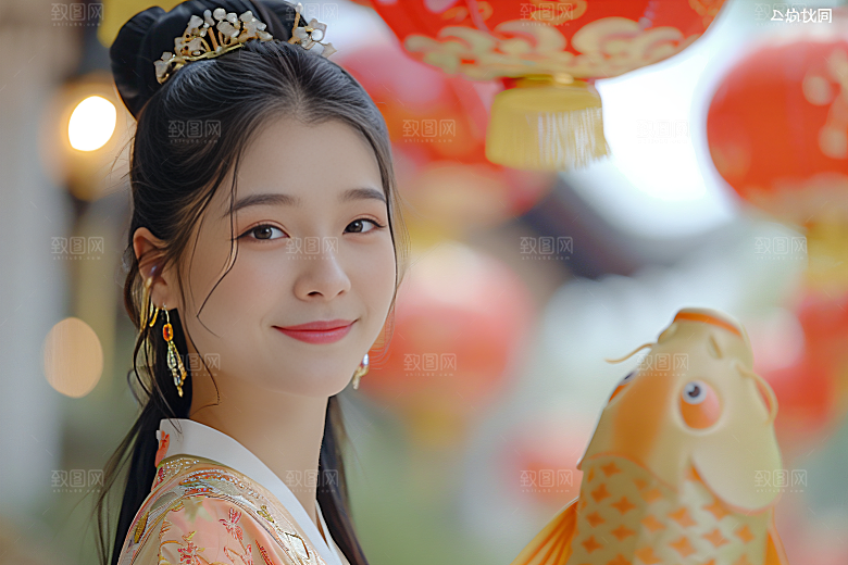 锦鲤汉服美女唯美精致素材