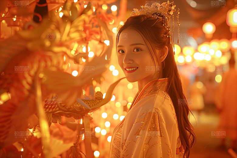 锦鲤汉服美女吉祥古风素材