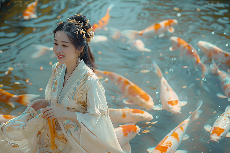锦鲤汉服美女高清精致素材