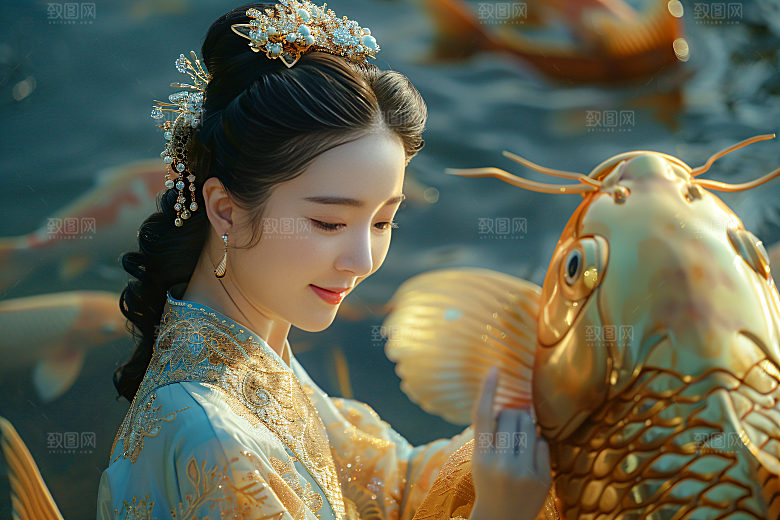 锦鲤汉服美女精致吉祥素材