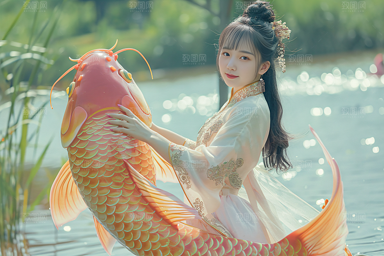 锦鲤汉服美女中国风人像素材