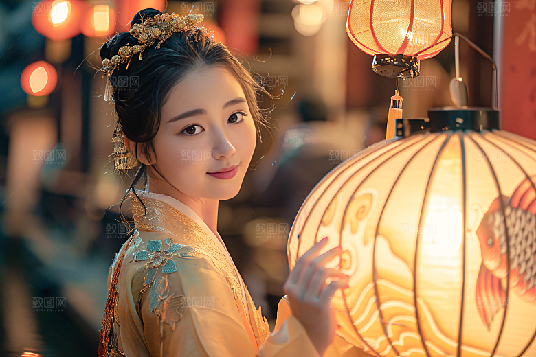 锦鲤汉服美女精致古风素材