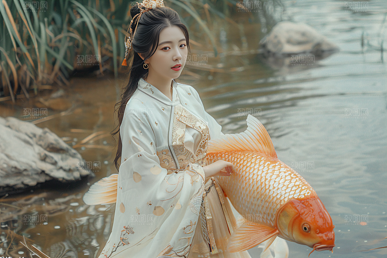 锦鲤汉服美女精致中国风素材