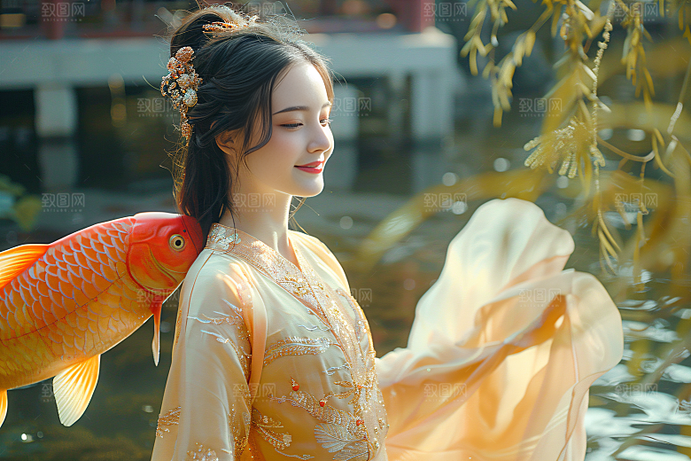 锦鲤汉服美女传统古风素材