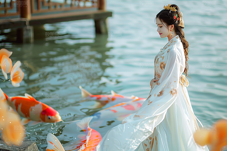锦鲤汉服美女吉祥中国风素材