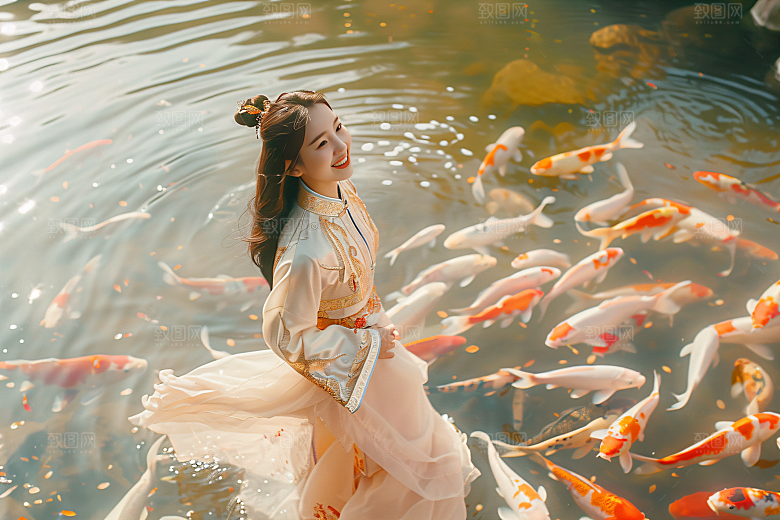 锦鲤汉服美女传统吉祥素材