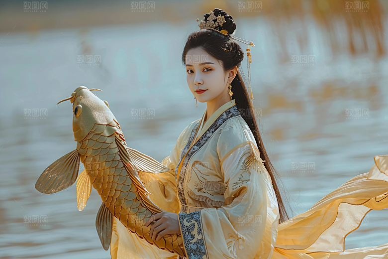 锦鲤汉服美女肖像唯美素材