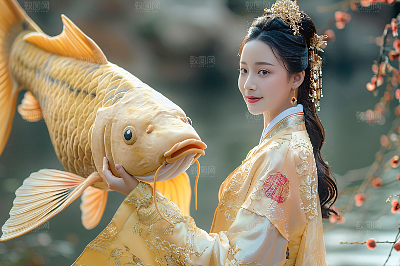 锦鲤汉服美女古风人像素材