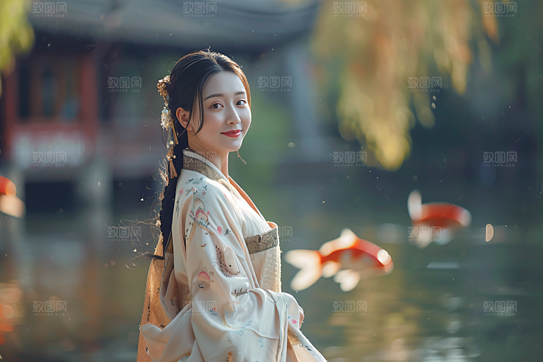 锦鲤汉服美女吉祥传统素材