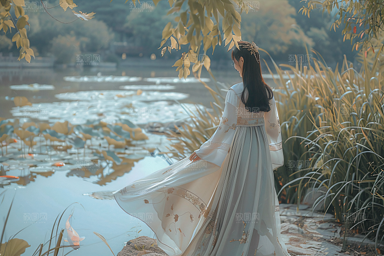 锦鲤汉服美女传统优雅素材