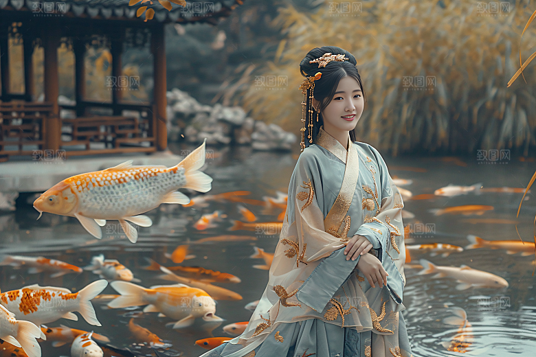 锦鲤汉服美女金鱼唯美素材