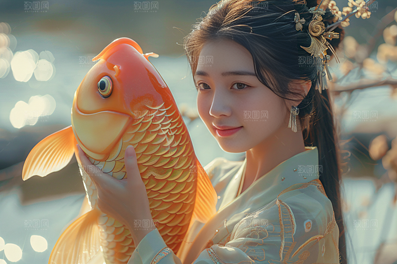 锦鲤汉服美女金鱼肖像素材